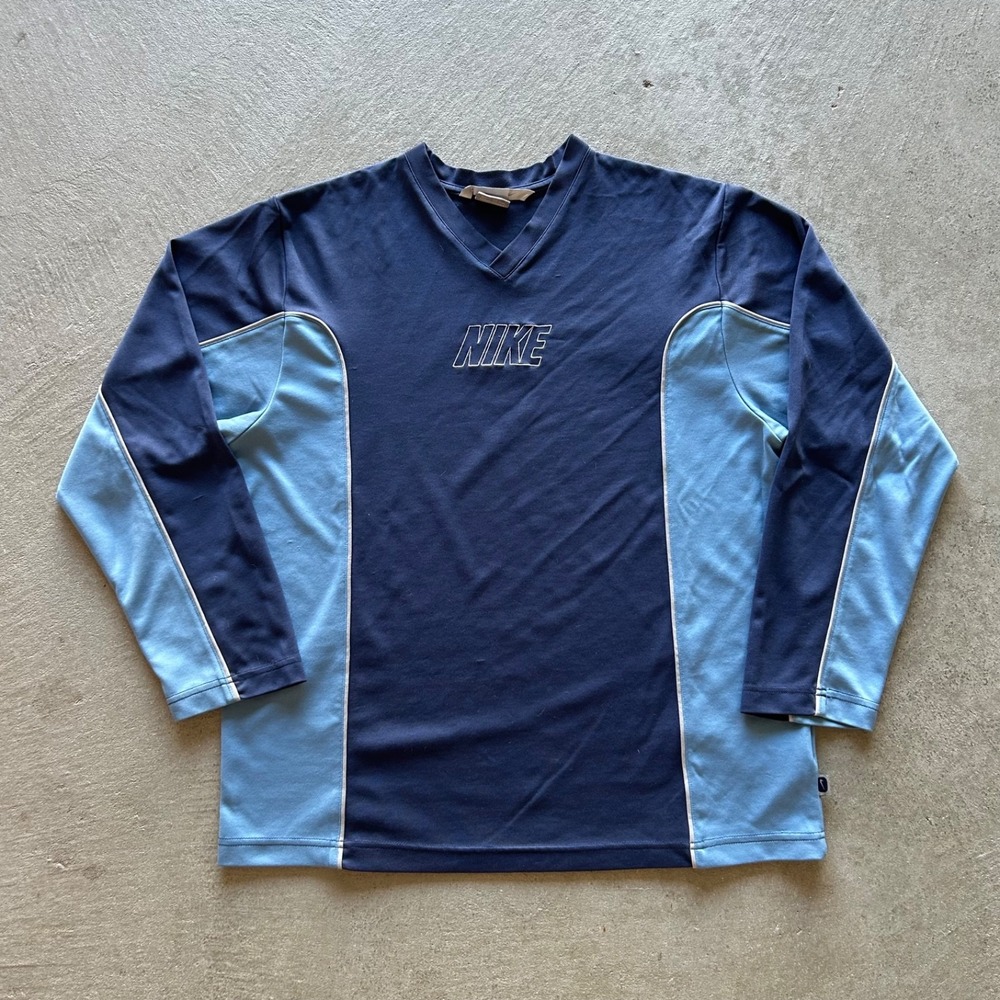 Vintage Y2K Nike Long Sleeve Shirt Size Large Navy Blue Two Tone V Neck Athletic
